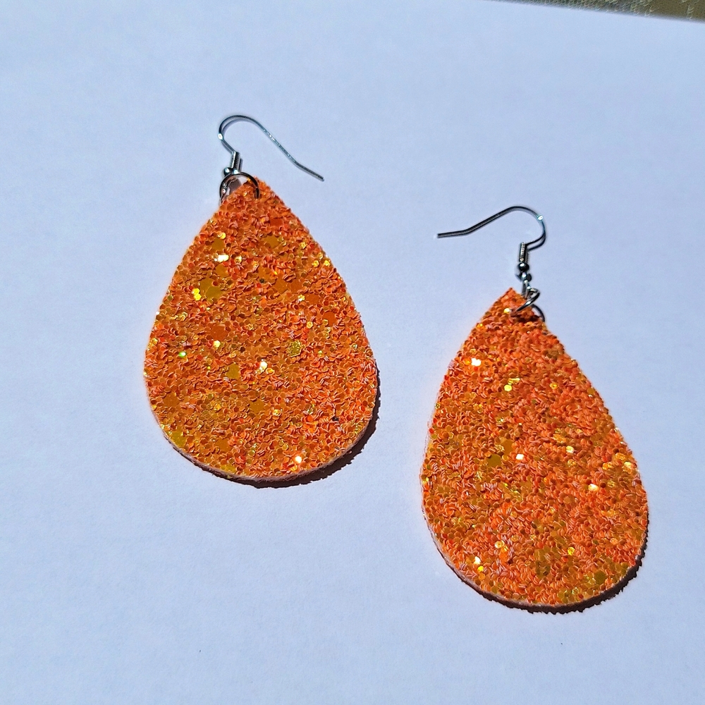 Retro Glittered Teardrop Shape Dangle Earrings Orange 2.95 Drop New - Picture 5 of 9